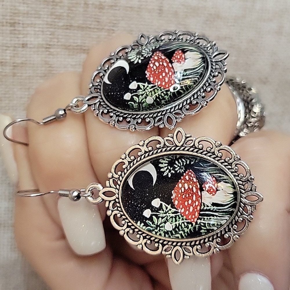 Midnight Mushroom Portrait Drop Earrings